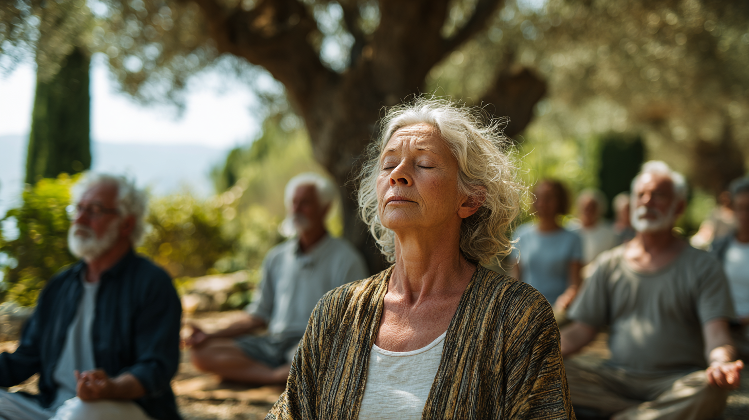 Старші люди практикують йогу на природі